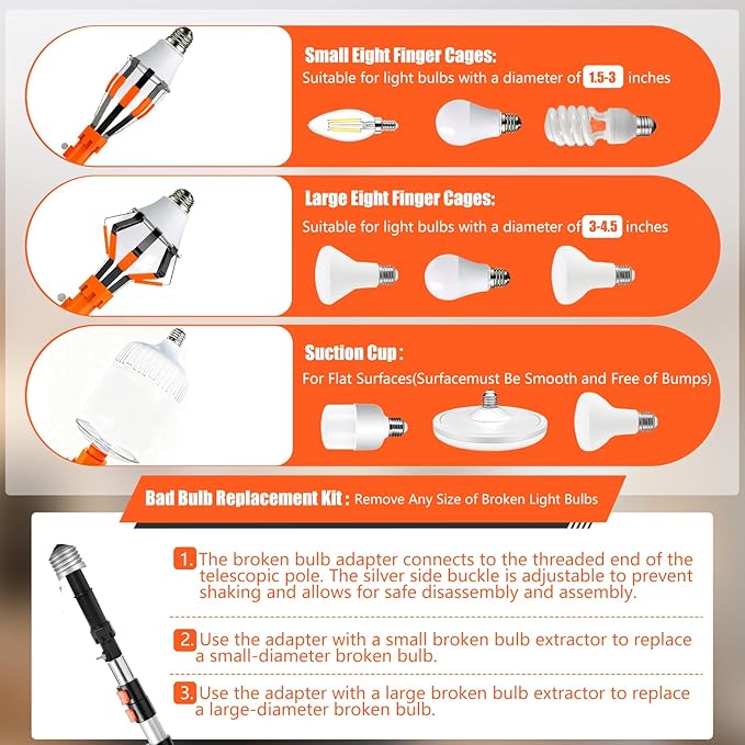 26FT Light Bulb Changer Kit with Ceiling Fan Cleaner Extension Pole Orange | Telescoping Lightbulb Changing Pole,Cobweb Brush Extendable Duster,Spider Web Brush and Window Squeegee Cleaning