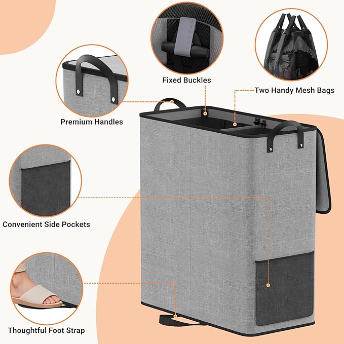 155L 2 Section Laundry Hamper with Lid, Laundry Basket, Gray | Large Laundry Hampers with Reinforced Handles & Removable Bags, Tall Dirty Clothes Hamper for Laundry Room, Bedroom, Bathroom