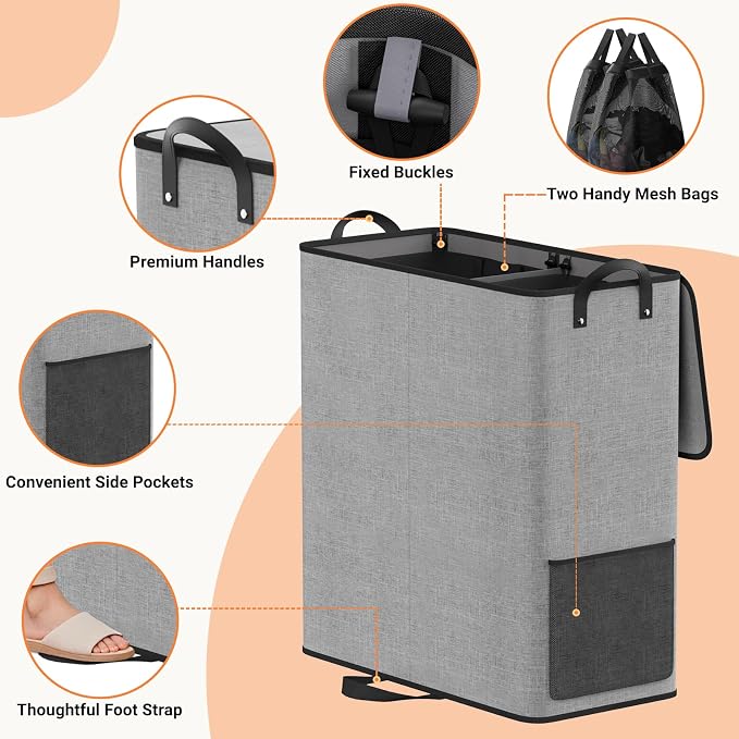 136L 2 Section Laundry Hamper with Lid, Laundry Basket, Gray | Large Laundry Hampers with Reinforced Handles & Removable Bags, Tall Dirty Clothes Hamper for Laundry Room, Bedroom, Bathroom