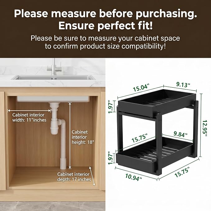 Bamboo Under Sink Organizer Adjustable Height 2 Tier Bathroom Organizer Pull Out Cabinet Storage Kitchen Heave Duty Wood Slide Ou Shelf for Kitchen Bathroom (Black, 2 Packs) (Black, 2 Pack)