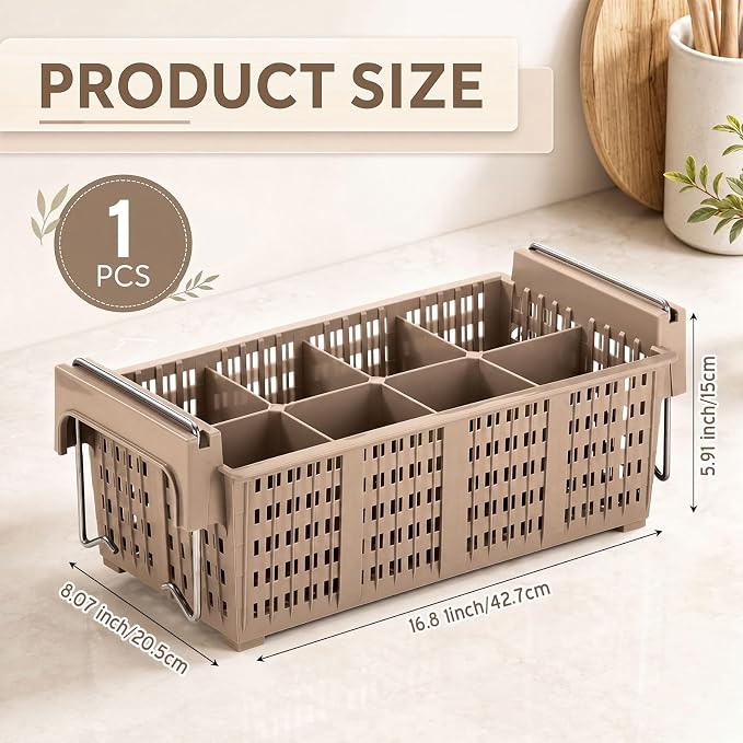 Maxdot 16inch Dishwasher Silverware Cutlery Basket 8 Compartments Washing Basket with Handle Utensil Holder Silverware Drying Rack for Kitchen Commercial (Coffee,Portable)
