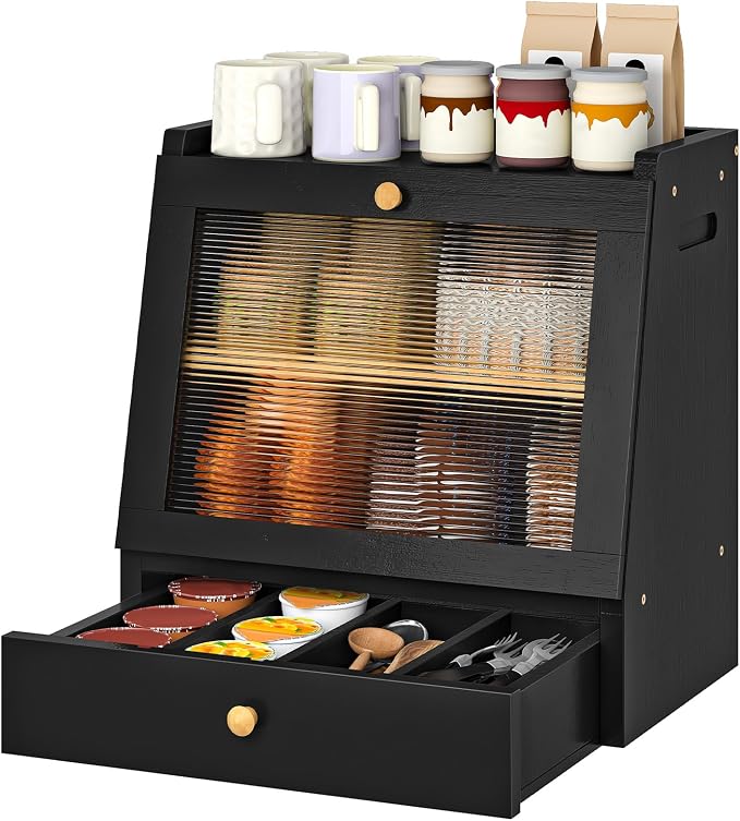 HOOBRO Bread Box, Bamboo Bread Box for Kitchen Countertop, 2-Tier Bread Storage Container with Drawer, Bamboo Food Cabinet with Acrylic Door, for Kitchen, Dining Room, Black BK21MB01