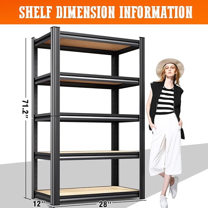 5 Pack Garage Shelving Heavy Duty 5T Storage Shelves, Metal Adjustable Shelving Unit, Utility Garage Organizer Shelf for Basement, Pantry, Kitchen, Warehouse, 71.2" Hx28 Wx12 D, Black