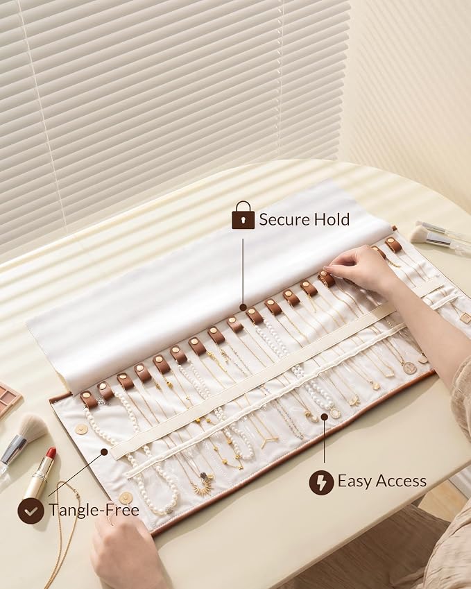 Lolalet Travel Necklace Organizer, Foldable Jewelry Case, Caramel, 18 Slots | Tangle-Free, Roll Up, PU Outer, Velvet Lining, Space-Saving, for Chains Bracelets, Gift for Women Girls Daughters Friends