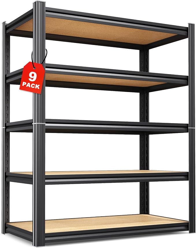 Set of 9-71"H-35"W-16D Garage Shelving-2050LBS 5 Tier Storage Shelves,Adjustable Heavy Duty Metal Shelving Unit and Storage Large Rack,Utility Steel Shelf For Shop Warehouse Industrial Pantry Basement