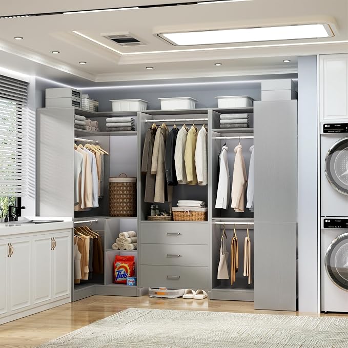 Aheaplus Closet System with 3 Drawers, 5 Hanging Rods & Corner Tower, Corner Closet System with Hanging, 88.8" U-Shaped Walk-In Wardrobe Organizer, 2000+ lbs Capacity, Set of 3,Grey