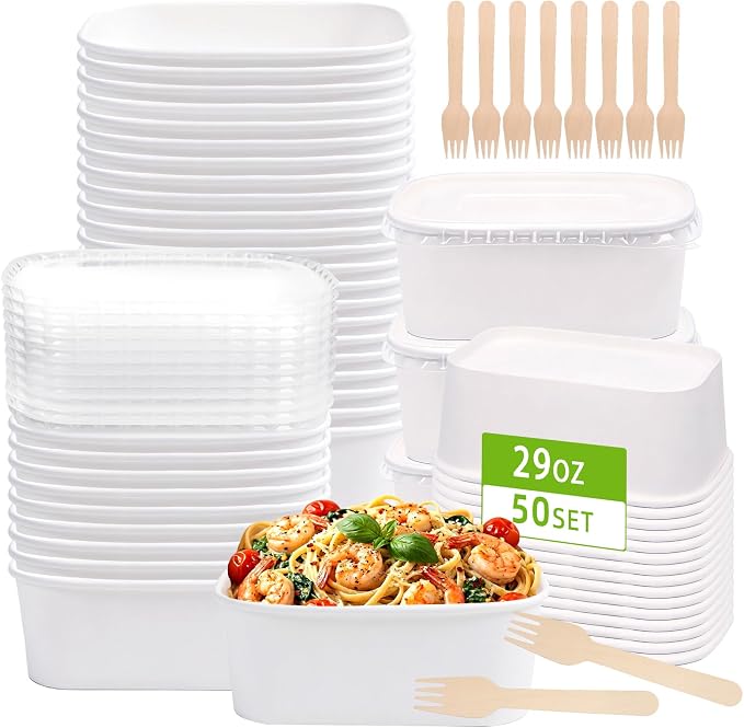 50 Pack 29 oz Paper Food Containers with Lids, Meal Prep Containers Disposable Large Paper Bowls, Microwavable and Freezer Storage Use Cardboard Food Containers (White)