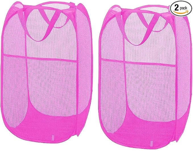 Larpur 2Pack Foldable Popup Laundry Basket, Collapsible Portable Mesh Clothes Washing Laundry Hamper with Reinforced Carry Handles (Pink)