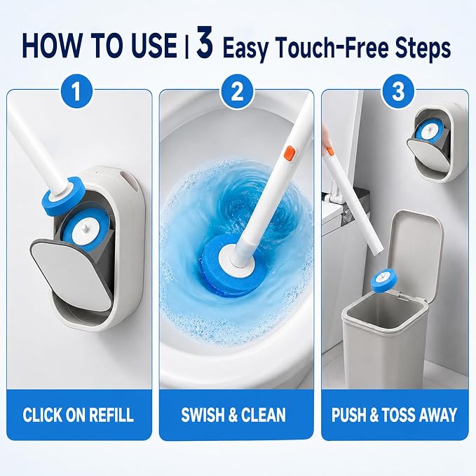 Disposable Toilet Brush with Holder, Wall Mounted Toilet Wand Cleaning System with 30 Refills, Auto-Lid Touch-Free Toilet Bowl Brush Kit for Bathroom Cleaning
