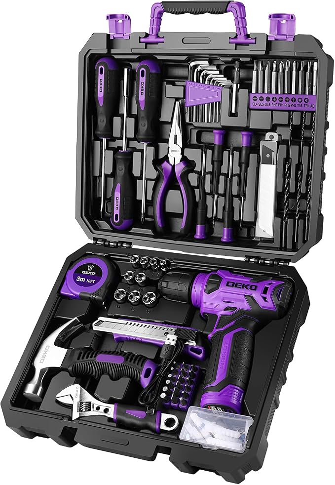 DEKOPRO Tool Set: Tool Kit with 8V Cordless Drill, Hand Toolbox with storage case, Tool set for Home Repairs 126 Piece, Purple