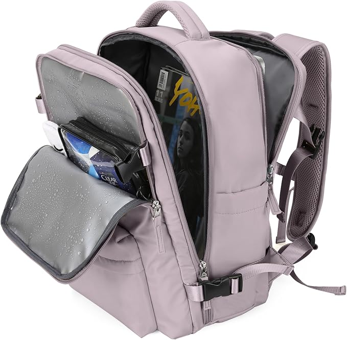 WONHOX Large Travel Backpack Women, Carry On Backpack, Hiking Backpack Waterproof Outdoor Sports Rucksack Casual Daypack with USB Charging Port Shoes Compartment, Lotus Pink