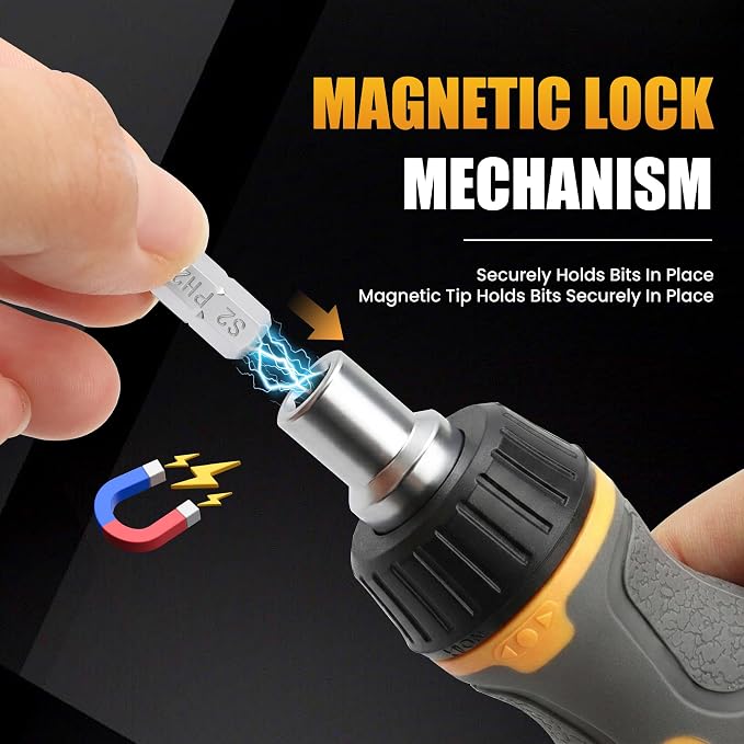 MulWark 7-in-1 Stubby Ratcheting Screwdriver, Small Screwdriver with Magnetic, Multi-bit Stubby Screw driver with S2 Steel Phillips Slotted Torx Bits in Handle, Compact Tool for Tight Spaces