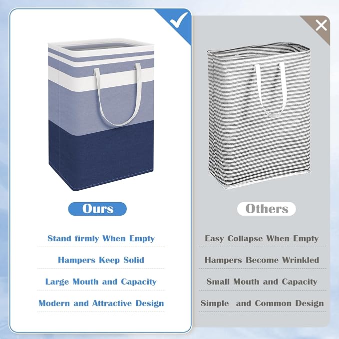 BlissTotes 3-Pack Laundry Basket, Collapsible Laundry Hamper, Blue, 100L | Laundry Clothes Hamper, Hampers for Bedroom, Freestanding Hamper with Handles, Clothes Laundry Basket