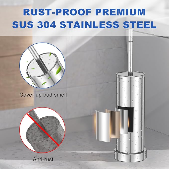 304 Stainless Steel Toilet Brush and Holder Set, Heavy Duty Toilet Bowl Brush and Holder with Removable Inner Bowl, Splash Protection, Long Handle for Bathroom