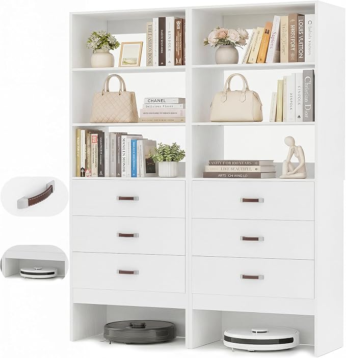 Armocity 4FT Closet System with Leather Handles, 48" Walk-in Closets Storage Unit with Cabinet, Wood Wardrobe Closet Organizer and Storage with 6 Drawers, Set of 2, White