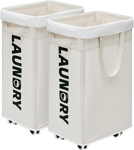 CHICVITA 75L Laundry Basket with Wheels & Handle 2-Pack, Wash Bags, White | Collapsible rolling laundry baskets for dorms and corners. Removable wash bags, easy-carry handles