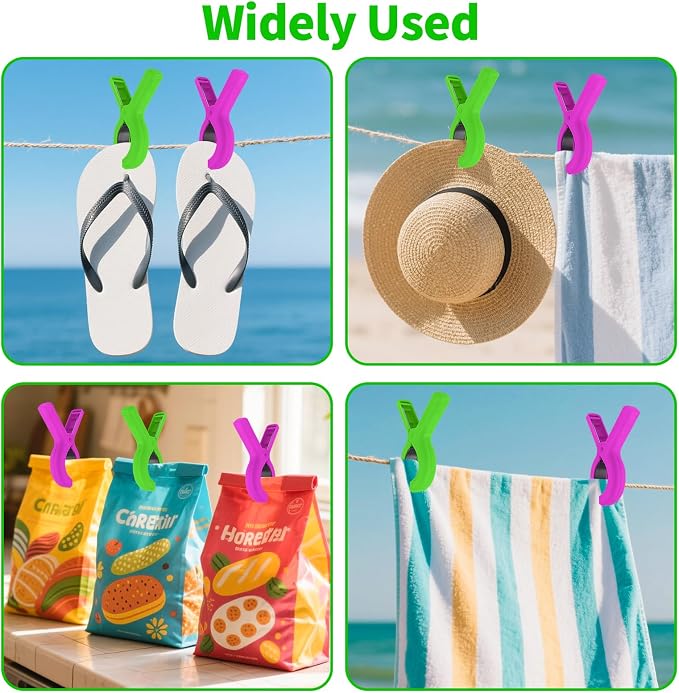Beach Towel Clips for Beach Chairs Cruise, Strong Grip Clothes Pins Non-Slip Pool Chair Clips, Quilt Drying Clip for Laundry Towel Clothes Blankets Set of 6, with Drawstring Bag(3 Colors)