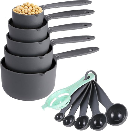 Measuring Cups and Spoons Set of 10 pcs, Nesting Measuring Set with Spout for Dry and Liquid Ingredient (Gray)