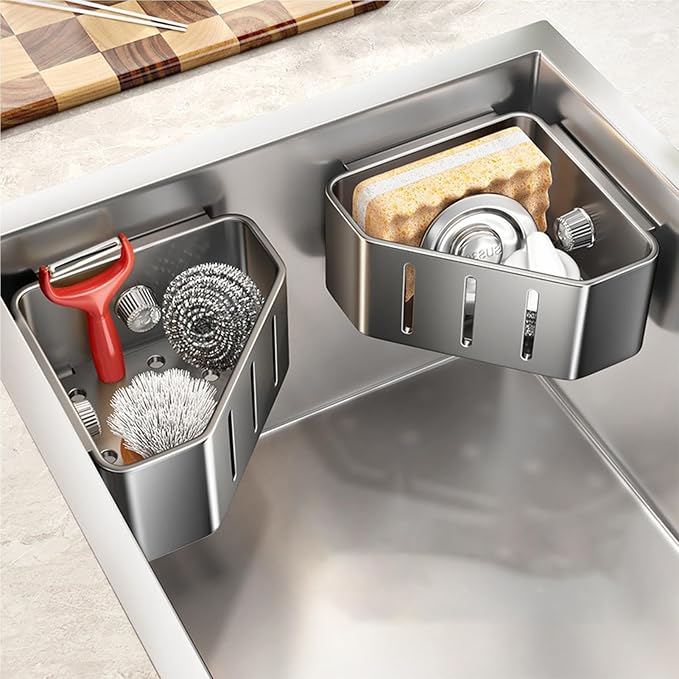 Sponge Holder for Kitchen Sink,Sink Caddy Organizer with Suction Cups,Strong Load-Bearing capacity Rustproof Triangle Kitchen Storage Rack for Right Angle Sink,Store Sponge,Soap, Stopper,Brush