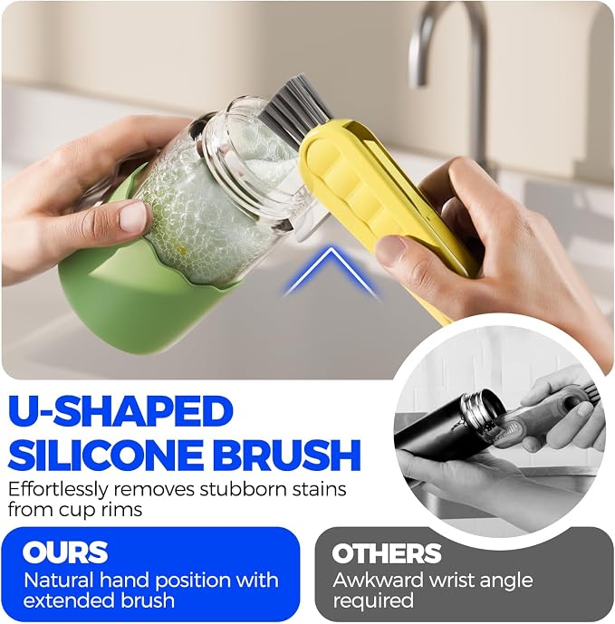 Holikme 6 Pack 4 in 1 Cup Lid Cleaning Brush 3 Straws Bottle Brush,Yellow | 4 in 1 Cup Lid Cleaning Brush Multifunctional Bottle Brush, Silicone Cup Lid Gap Cleaner, Bristle Crevice Cleaning Brush