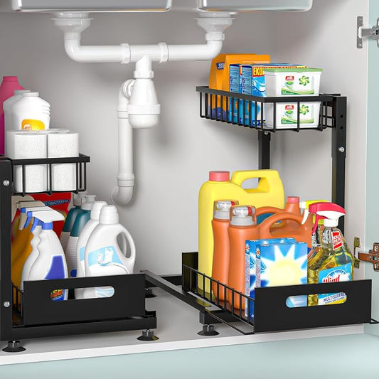 Saydear 2-Pack L-Shaped Under Sink Organizer, 2-Tier Pull-out Cabinet Rack | Black Height-Adjustable Steel Rack, Sliding Grid Drawers with PP Liners, Holds 100 Lbs, Suction Base, Ideal Kitchen Storage
