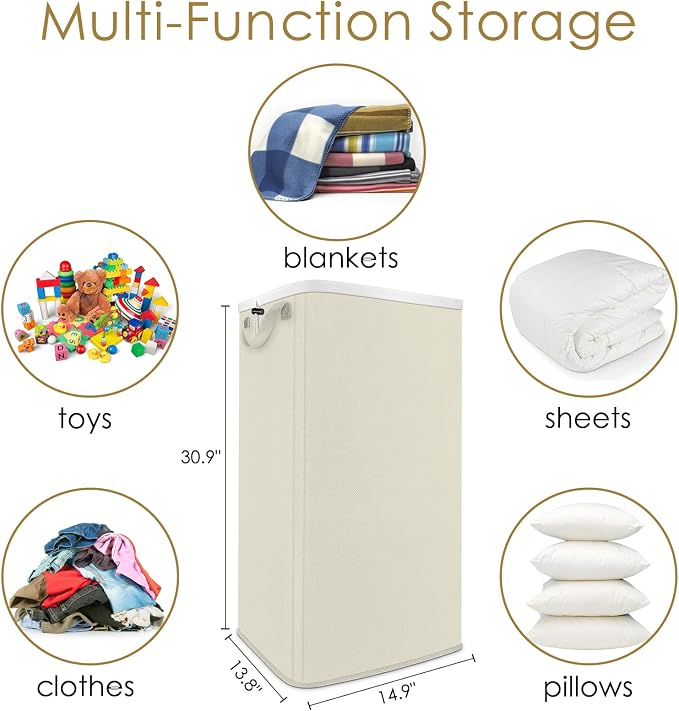 SNIGJAT Extra Large Laundry Hamper, Folding 100L Laundry Basket, Beige | Dirty Clothes Hamper for Bedroom, Tall Hamper, Sturdy Storage Organizer for Clothes and Toys