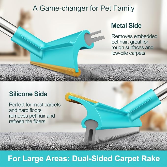 Carpet Rake for Pet Hair Removal (3 Pack), Fur Remover Broom, Long Handle | Remove Stubborn Pet Hair, Multi-Fabric Safe, Stainless Steel Handle, for Couch, Carpets, Cat Trees, Mats, Furniture, Pet Bed
