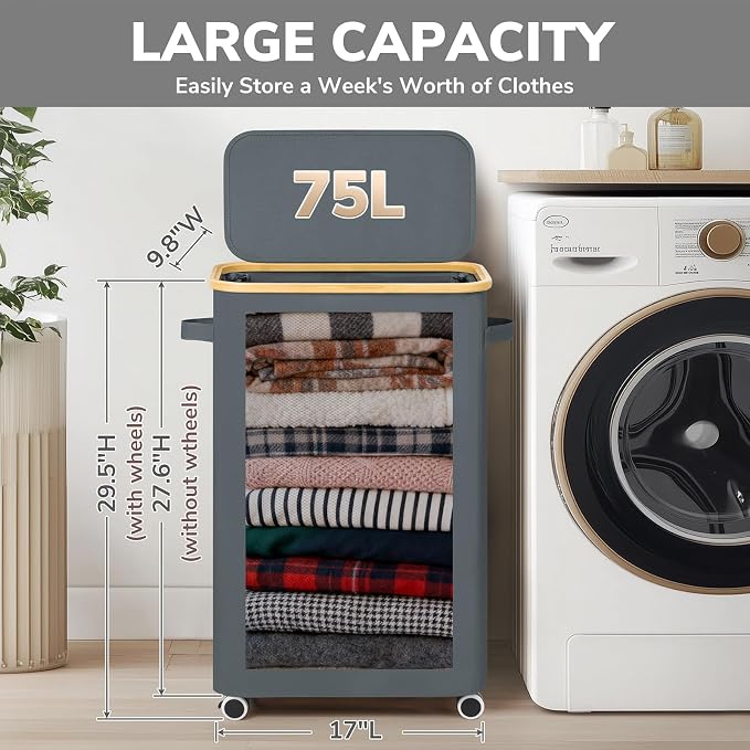 Goodpick 75L Slim Rolling Laundry Hamper with Wheels, Gray | 17 × 9.8 × 29.5 in, Lid Design, Collapsible, Removable Laundry Bag, Dorm & Bathroom Organization, Clothes & Bedding Storage