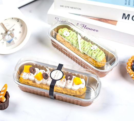 NPLUX 50 PACK Mini Cake Pans with Lids and Spoons, Rectangular Aluminum Foil Bread Pan, Mini Loaf Pans and Food Containers with Lids for Graduation Gifts Party Favors(Champagne, 6.8oz)
