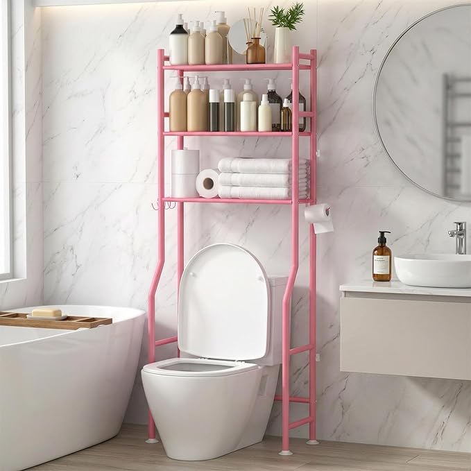GloTika 3-Tier Over Toilet Storage with Anti-Tilt Safety System - 150lb Total Capacity Metal Bathroom Shelves Including Paper Holder & 4 Hooks, Space Saving Above Commode Organizer (64" H, Pink)
