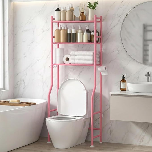 GloTika 3-Tier Over Toilet Storage with Anti-Tilt Safety System - 150lb Total Capacity Metal Bathroom Shelves Including Paper Holder & 4 Hooks, Space Saving Above Commode Organizer (64" H, Pink)