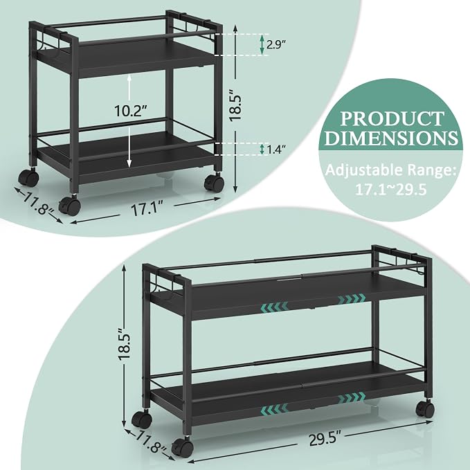 2 Pack 2-Tier Expandable Rolling Pantry Cart with Wheels, Adjustable Floor Organizer for Kitchen Pantry, Can Organizer for Pantry, Storage Cart for Snack, Food, Vegetables, Black, Patent Pending