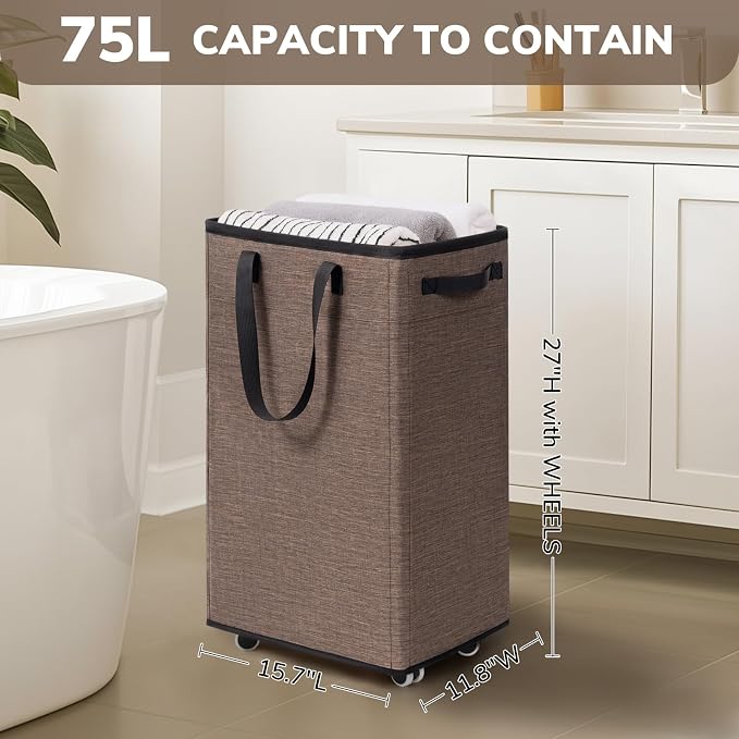 Goodpick 75L Collapsible Laundry Baskets with Removable Wash Bag and Wheels | Laundry Basket with Wheels, Rolling Laundry Hamper with Handle for College Dorm, Laundry Hamper on Wheels, Light Brown
