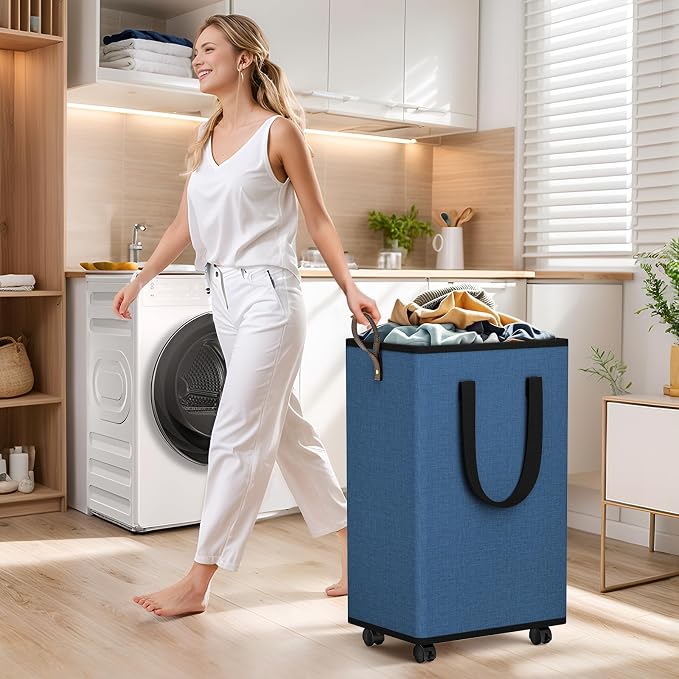 SpaceTrove Rolling Laundry Basket with Wheels, Laundry Hamper, 80L, Navy | Collapsible, 4 detachable wheels including 2 with brakes, sturdy handle, metal frame, for dorms, bathrooms and bedrooms