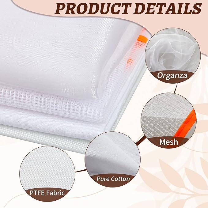 HunnmingRe 4 Types Pressing Cloth for Ironing, Including Silk Organza, Mesh, Cotton, PTFE Cloth Fabrics, 4 Types of Different Fabric Pressing Cloths for Clothes Protect (Large)