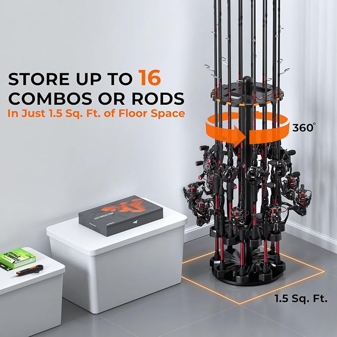 KastKing V16 Rotating Fishing Rod Holder for Garage, Floor Rack Holds Up to 16 Rods & Combos, Space-Saving Pole Organizer with Foam, Durable ABS, Fishing Gear Storage Gift for Men