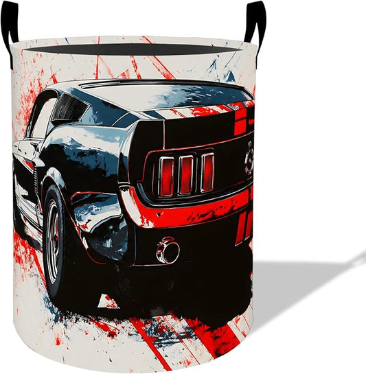 Muscle Car Laundry Basket Hamper 19.7"x15.8", Organizer Bins Gifts for Kids Boys Girls, Classic Sports Car Foldable Waterproof Oxford Clothes Storage Bucket for Bedroom Bathroom Decor