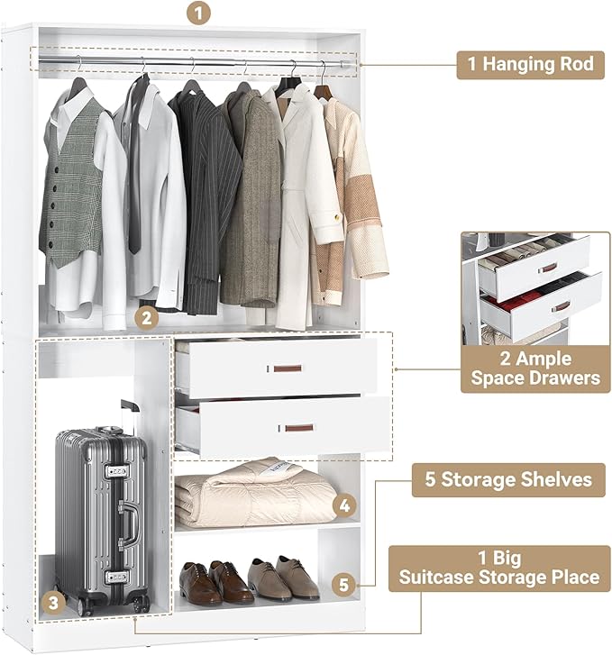 Armocity Freestanding Closet System with Suitcase Storage, 40 Inches Stand-Alone Wardrobe with 2 Wood Drawers, 80'' Height Adjustable Cloth Garment Rack, Walk-in Closet with Hanging Rod, White