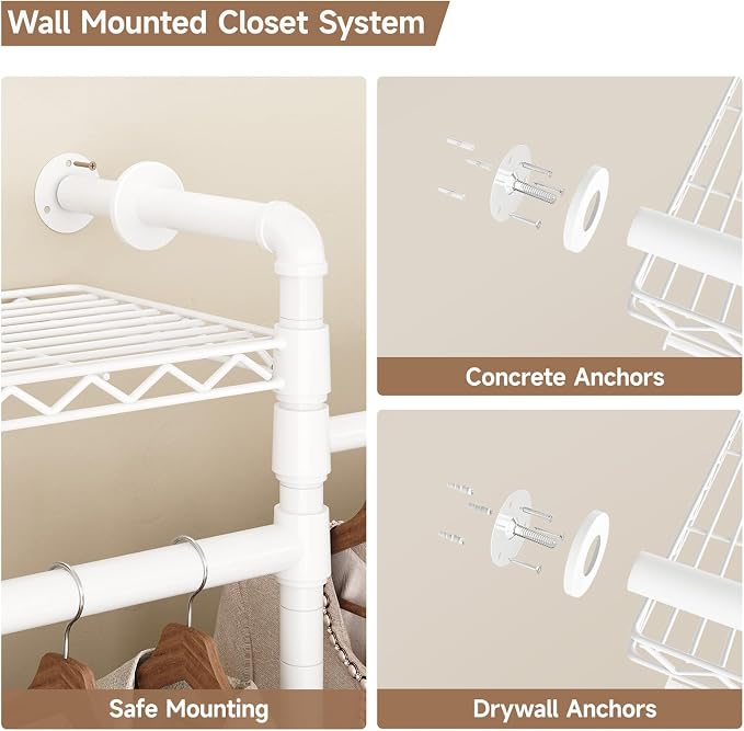 Wall Mounted Garment Rack, Industrial Pipe Clothing Rack, Closet System with 6 Expandable Rods, Walk in Closet Shelving, Clothes Organizers and Storage, Hanging Racks Wardrobe Renovation, White
