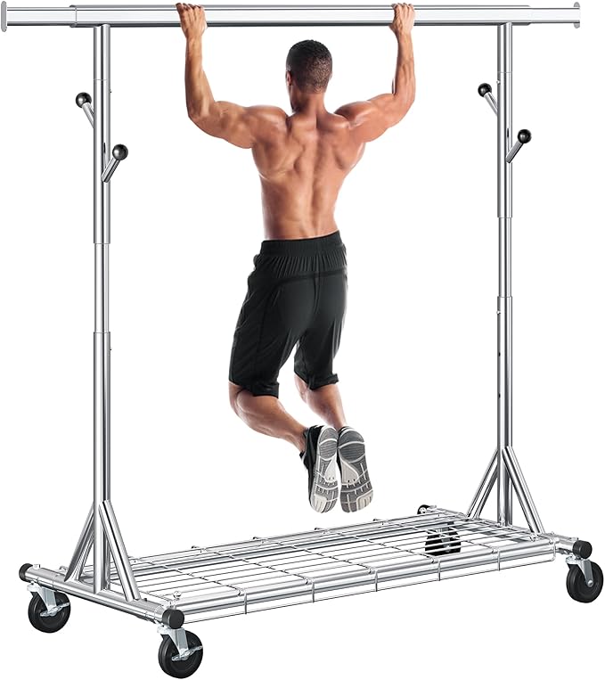 Gewudraw Clothes Rack Heavy Duty With 4" Wheels,Portable,Collapsible,Chrome | 630 LBS Capacity Rolling Clothing Rack, Shelf, Hooks, Adjustable Height, Extendable Rod, Garment Rack For Wardrobe, Bedroom