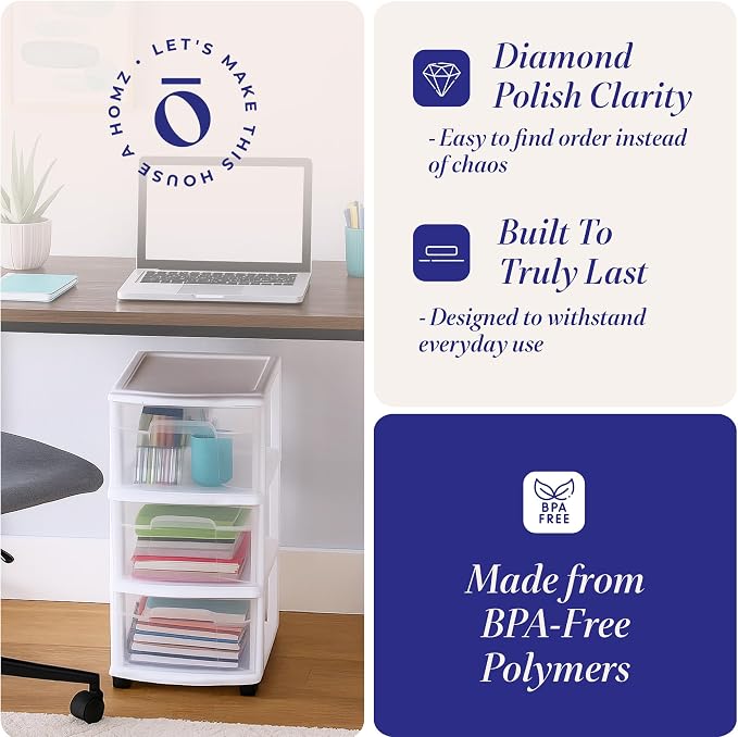 HOMZ Drawer Tower 3-Tier Storage Cart, Removable Wheels, White Frame,2 Pack | Plastic Organizer with Clear Bin Drawers for Bedrooms, Bathrooms, Home Offices, and Dorm Rooms