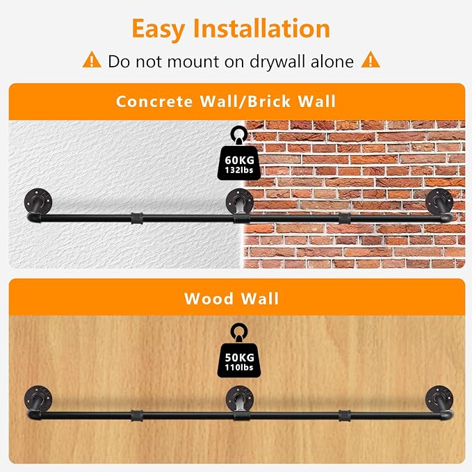 Aduanbang 64.9in Industrial Pipe Wall Mounted Clothes Rack, Heavy Duty Detachable Iron Garment Bar, Rustic Space-Saving Hanging Rod for Bedroom, Closet – Black