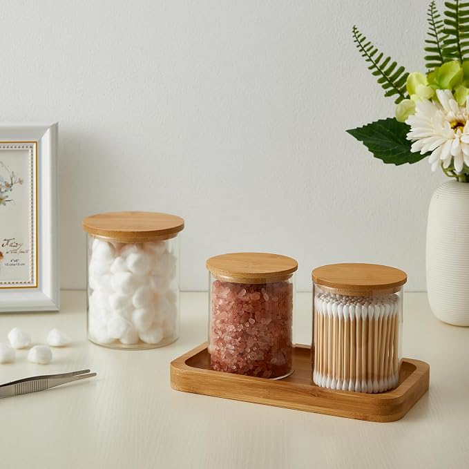 INIUNIK 6 Pack Glass Qtip Holder Dispenser with Bamboo Lid Apothecary Jars Cotton Ball Swab Holder Dispenser Bathroom Vanity Canisters Jars for Countertop Storage and Organization