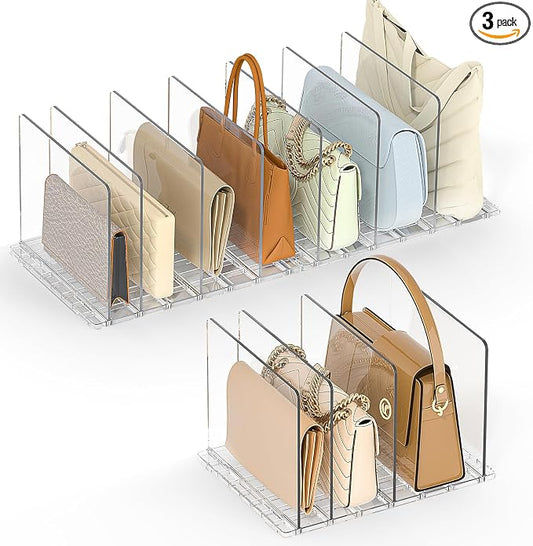 SortNStore Bag & Purse Organizer for Closet: Adjustable Clear Handbag Storage Shelf - Plastic Clutch Dividers for Closet Organizers and Storage - Keep Carteras & Pocketbook Upright 3 Pack - 11Dividers