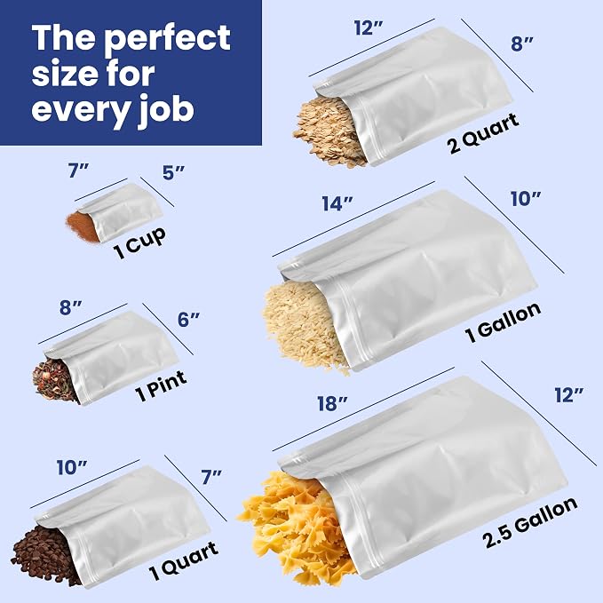 Wallaby 50 Count 1-Pint Gusset Mylar Bags with Labels, 11 Mil Total Thickness Long-Term Food Storage Pouches, 8x6 Stand-Up Zipper Heat-Sealable Airtight Packaging - Silver