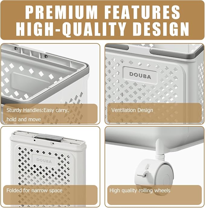 49L Collapsible Laundry Baskets, Plastic Laundry Hamper with Handles, Foldable Laundry Bin, Laundry Basket with Wheels for Laundry Room Organization, Ideal for Clothes, Towels, Blankets, White