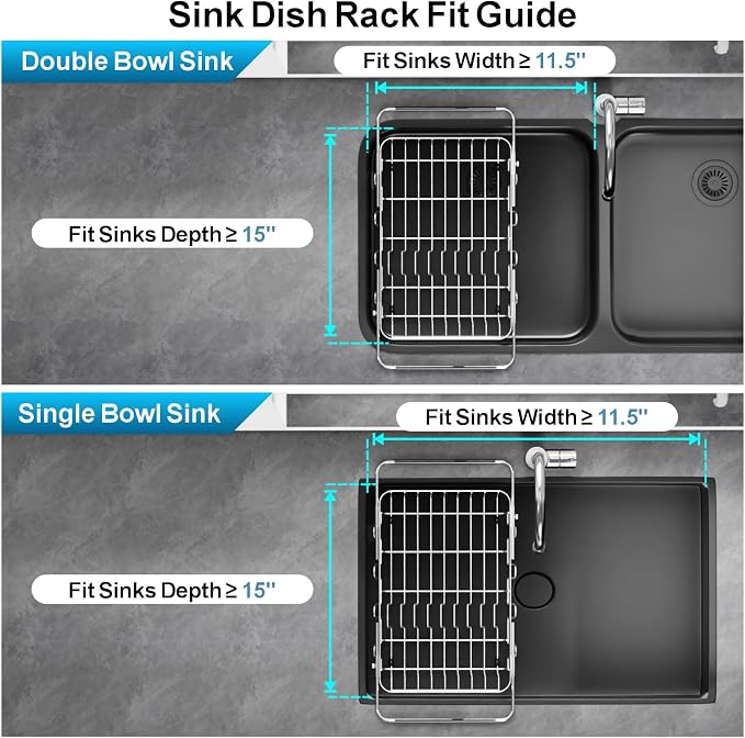 GSlife Dish Drying Rack Over the Sink with Twist-Lock Extendable Handle | Stainless Steel Dish Drainer with Cup Holder and Utensil Holder for Small Kitchen, Apartment, RV, Rustproof, Silver