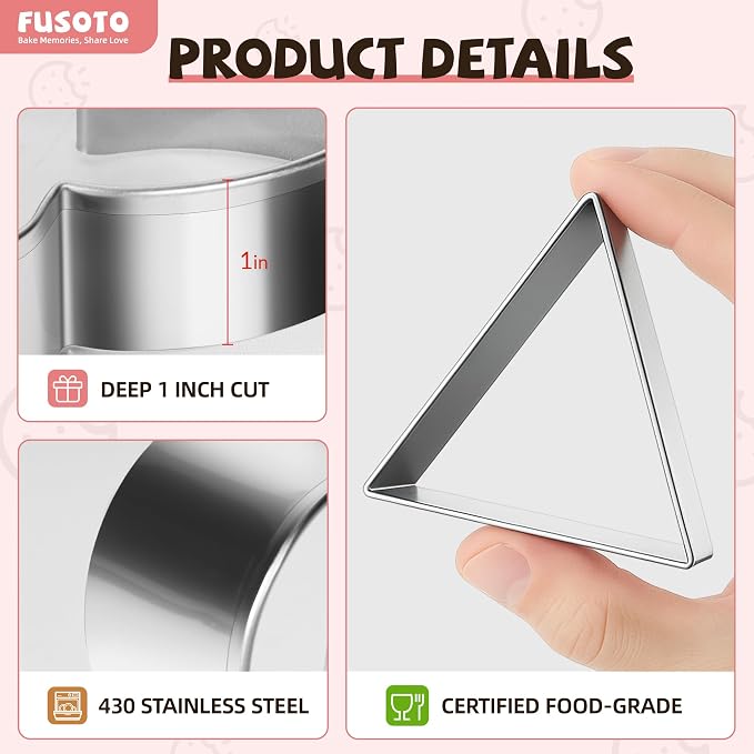 FUSOTO 6PCS Triangle Cookie Cutter Set, Stainless Steel Kitchen Baking Supplies, for Biscuit, Homemade Cookies, Cake Decorating, Geometric Cookie Cutter, (1.5", 2", 2.5", 3", 3.5", 4"), Triangle