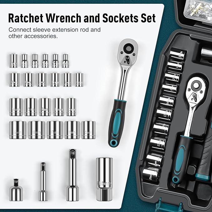 Sundpey 281 Pcs Home Tool Kit Portable Complete General Hand Tool Set Blue | with Socket Wrench Set & Screwdrivers & Hex Keys & Pliers Kit,Men Women Tool Box Set for Household Car House Garage Apartment