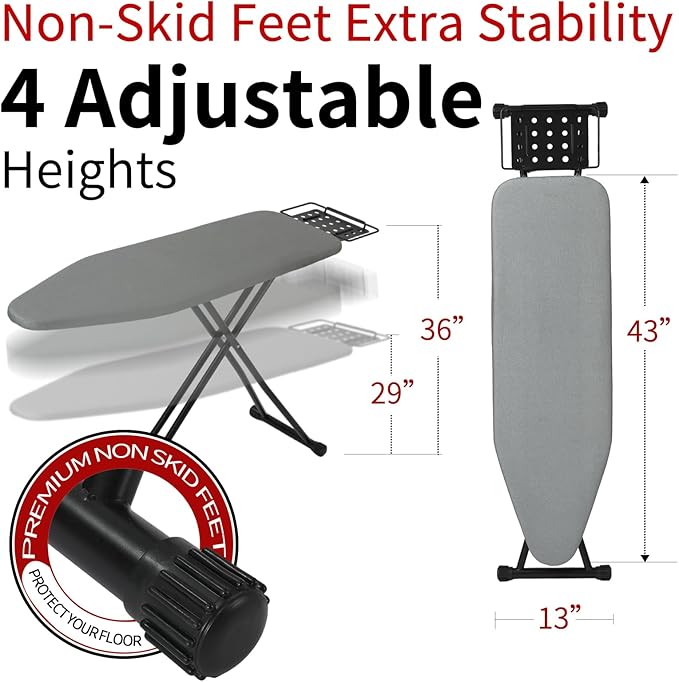 Hanger Iron Board 43" X 13" with Heat Resistant Cover and Thicken Felt Pad, Safety Iron Rest, Anti-Skid Feet, Height Adjustable, Heavy Duty (Grey B)